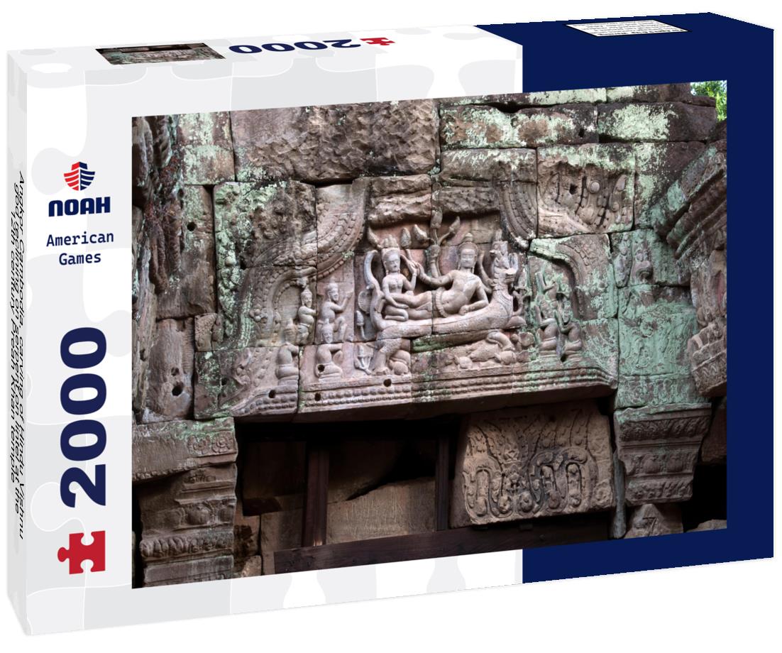 Noah Jigsaw Puzzle Angkor Cambodia, carving of Hindu Vishnu god reclining on serpent on lintel at the 12th century Preah Khan temple 2000 pieces