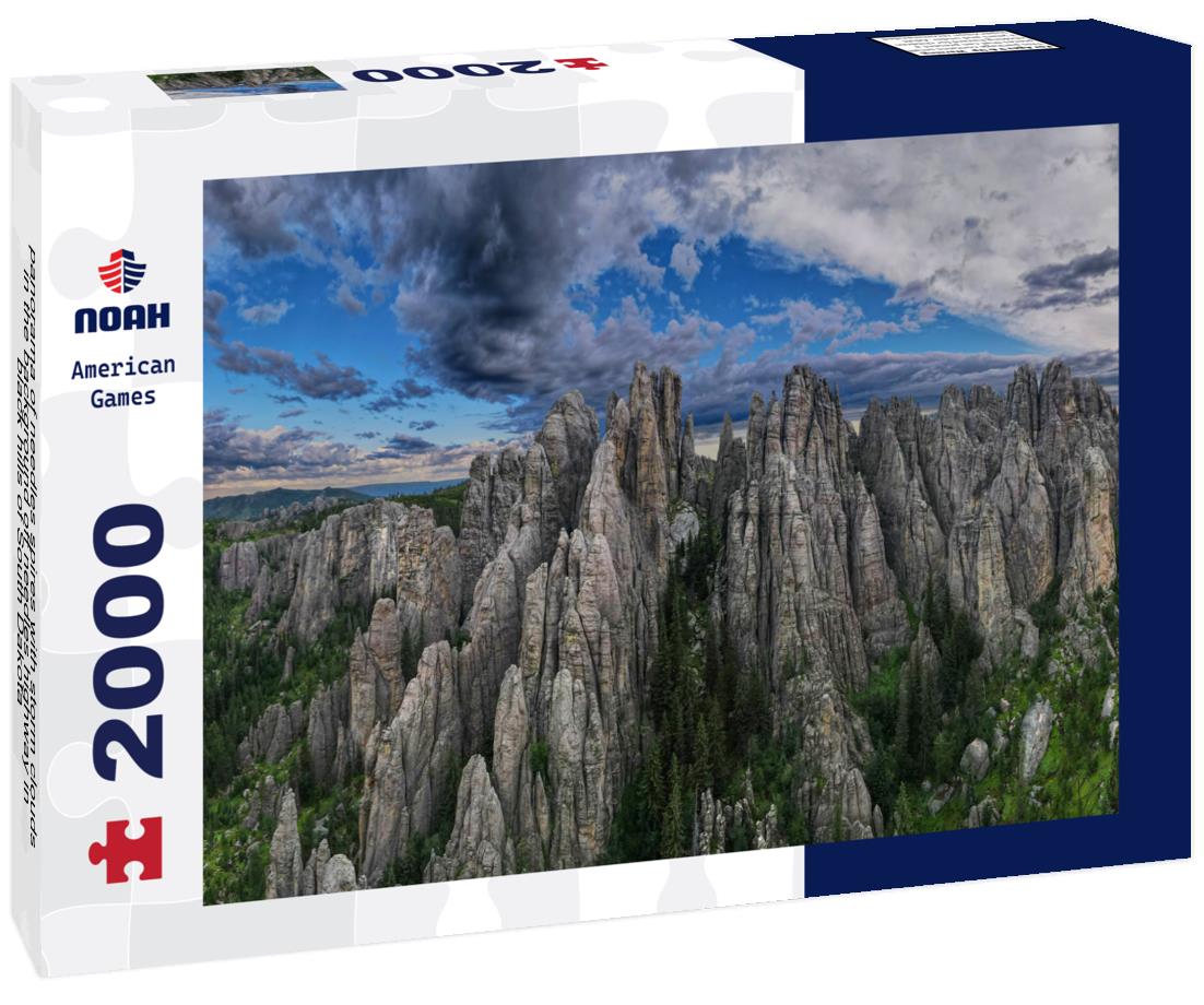 Noah Jigsaw Puzzle panorama of needles spires with storm clouds in the background off needles highway in black hills of South Dakota 2000 pieces