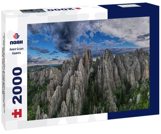 Noah Jigsaw Puzzle panorama of needles spires with storm clouds in the background off needles highway in black hills of South Dakota 2000 pieces