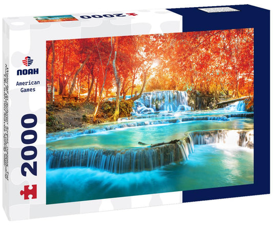 Noah Jigsaw Puzzle Waterfall in autumn forest, names " Tat Kuang Si Waterfalls " in Luang Prabang Lao with red leaves spring filter 2000 pieces