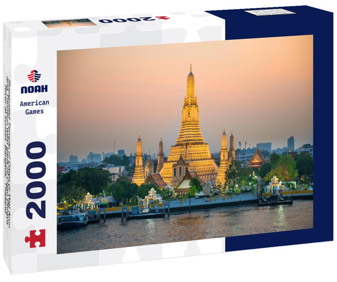 Noah Jigsaw Puzzle Illuminated Temple of Dawn or Wat Arun and Thonburi west bank of Chao Phraya River at sunset. Bangkok, Thailand 2000 pieces