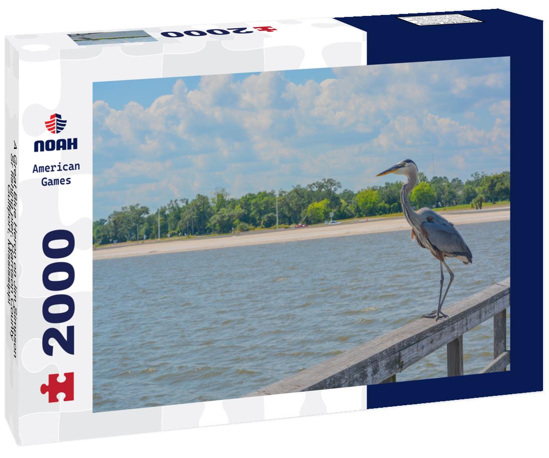 Noah Jigsaw Puzzle A Great Blue Heron on Jim Simpson Sr fishing pier, Harrison County, Gulfport, Mississippi, Gulf of Mexico USA 2000 pieces