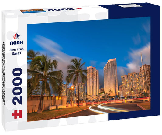 Noah Jigsaw Puzzle Luxurious hotels overlooking the Ala Wai Harbor at twilight and the light trails in Honolulu, Oahu, Hawaii 2000 pieces