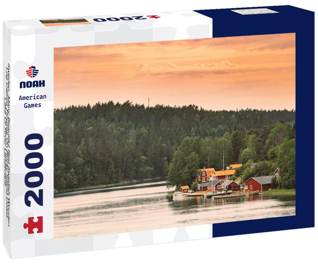 Noah Jigsaw Puzzle Sweden. Many Beautiful Red Swedish Wooden Log Cabins Houses On Rocky Island Coast. Lake Or River Landscape 2000 pieces