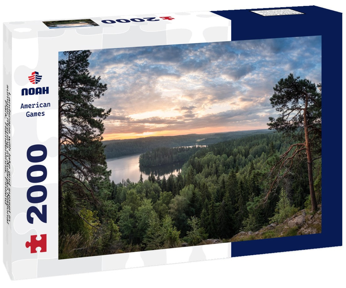 Noah Jigsaw Puzzle Landscape with lake and sunset in summer morning in Aulanko National Park, Hämeenlinna, Finland 2000 Pieces
