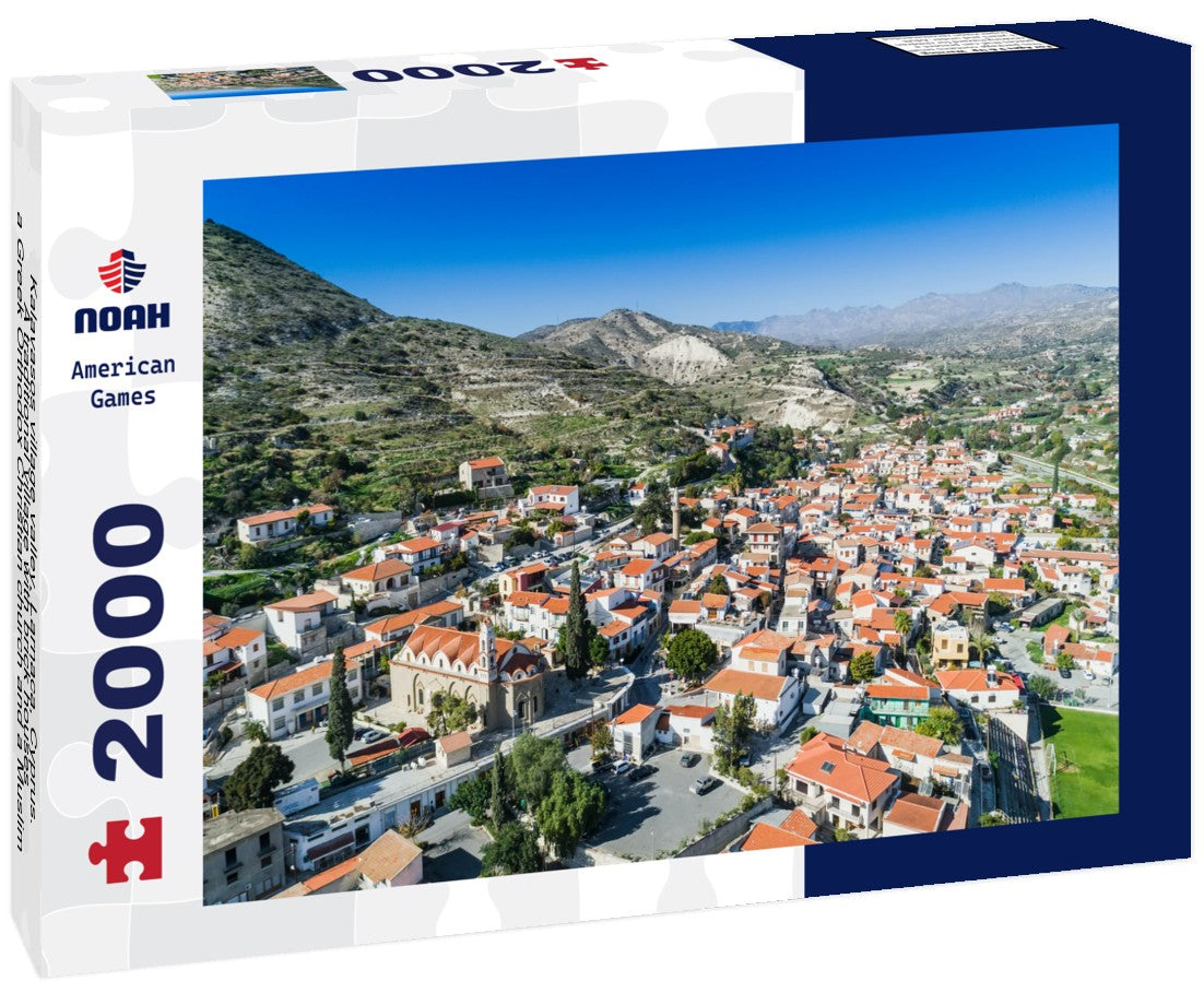 Noah Jigsaw Puzzle Kalavasos village valley, Larnaca, Cyprus. A traditional village with brick houses, a Greek Orthodox Christian church and a Muslim mosque, surrounded by hills, from above 2000 Pieces