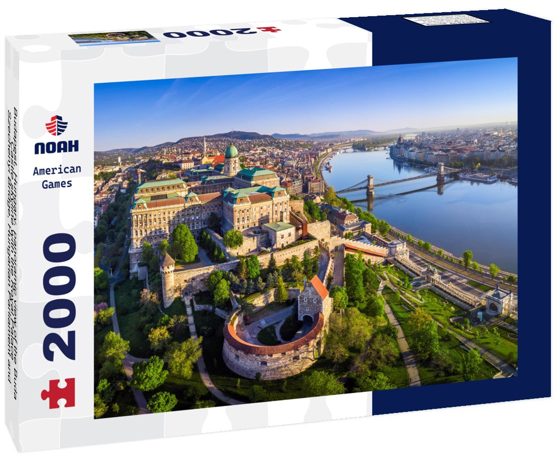 Noah Jigsaw Puzzle Budapest, Hungary - panoramic view of the Buda Castle skyline with the Royal Palace, Szechenyi Bridge, Hungarian Parliament and Matthias Church at sunrise and clear blue sky 2000 Pieces