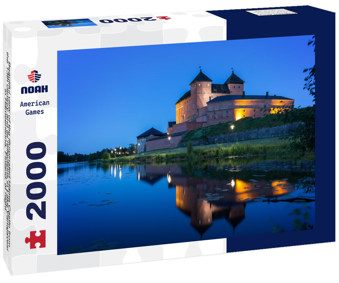 Noah Jigsaw Puzzle Beautiful view of the illuminated Häme Castle from the 13th century and its reflections in Lake Vanajavesi in Hämeenlinna, Finland, at night 2000 Pieces