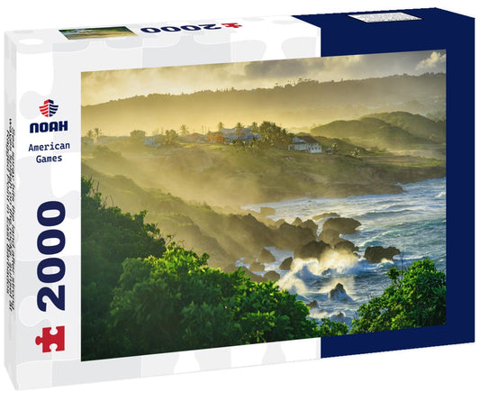 Noah Jigsaw Puzzle Sea spray hits the land after strong waves splash on the rocks, sunset at Ragged Point in East Barbados 2000 Pieces