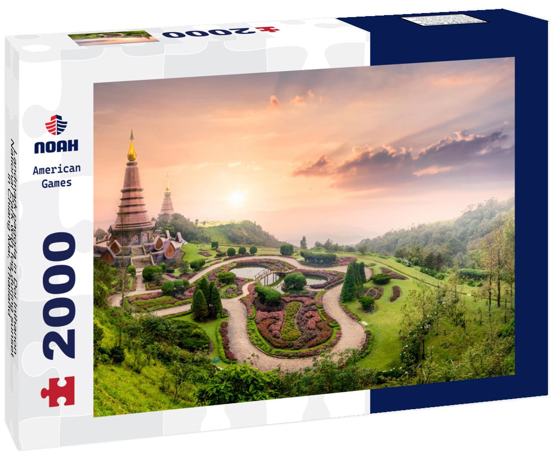 Noah Jigsaw Puzzle Landmark pagoda in Doi Inthanon National Park with fog during sunset in Chiang Mai, Thailand 2000 Pieces
