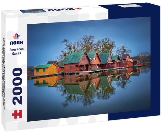 Noah Jigsaw Puzzle Tata, Hungary - Wooden fishermen's huts on a small island in Lake Derito (Derito to) at blue hour with reflection 2000 Pieces