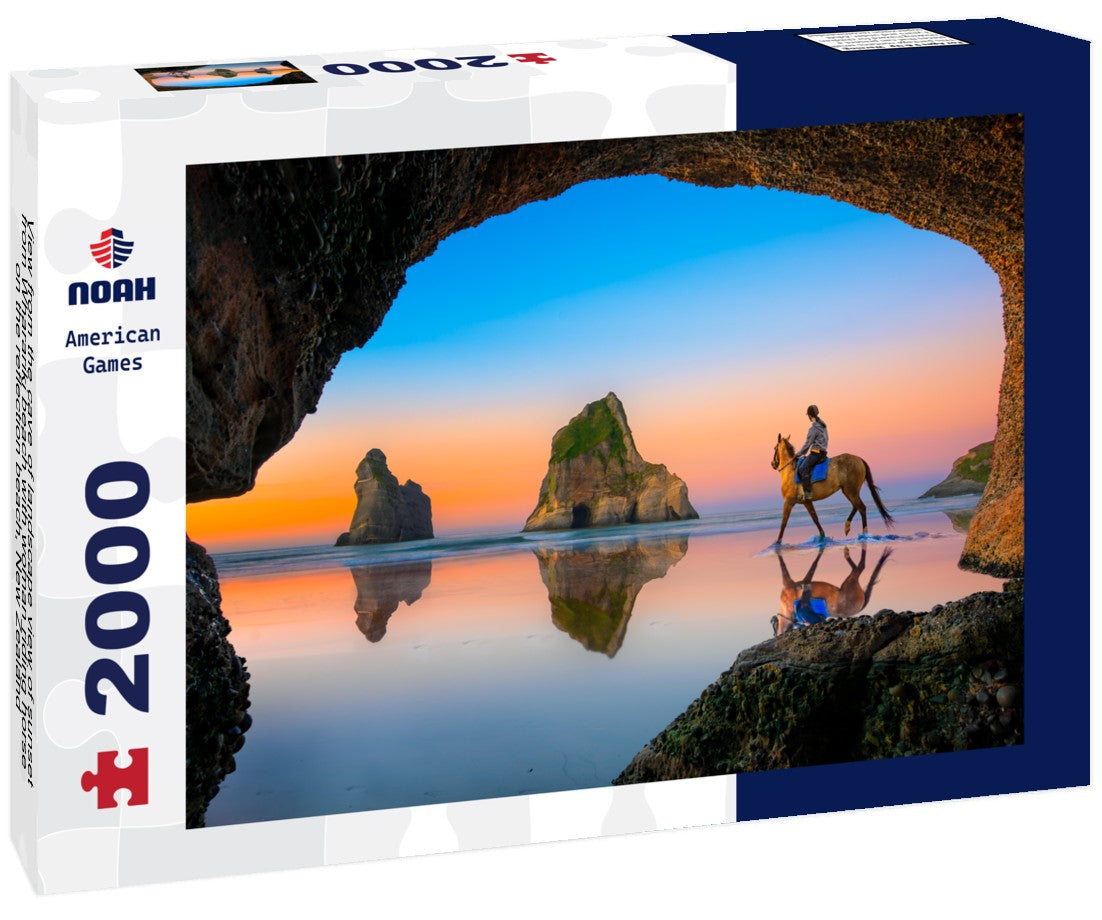 Noah Jigsaw Puzzle View from the cave of landscape view of sunset from Wharariki beach with woman riding horse on the reflection beach, New Zealand  2000 Pieces