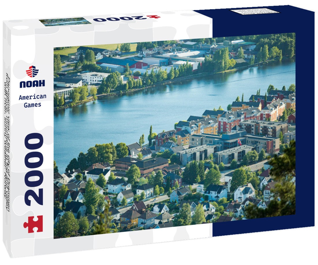 Noah Jigsaw Puzzle Panoramic view of the city of Drammen from above, mountains in fog and valley with river, sunny weather. Norway 2000 Pieces