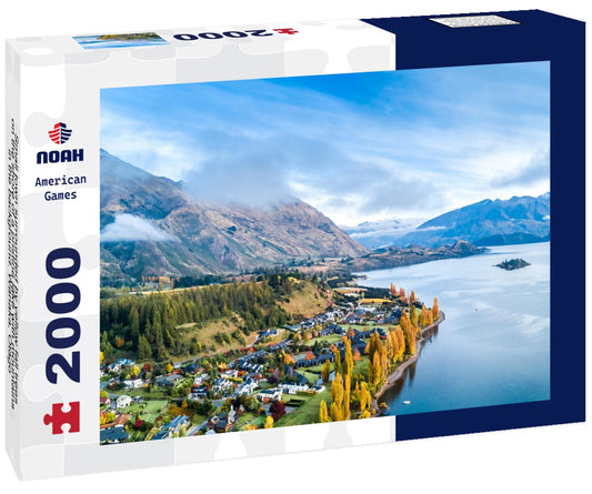 Noah Jigsaw Puzzle Small town surrounded by yellow fall trees on the shore of a pristine lake with mountains in the background. Wanaka, Otago, South Island, New Zealand 2000 Pieces