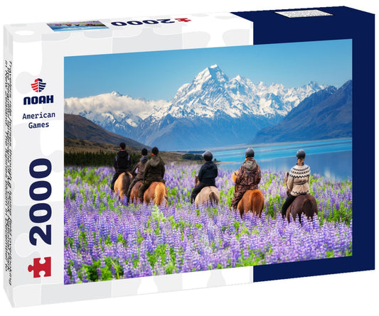 Noah Jigsaw Puzzle Travelers ride horses through a lupine field overlooking the beautiful landscape of Mt. Cook National Park in New Zealand. The lupines bloom in December to January, New Zealand's summer. 2000 Pieces