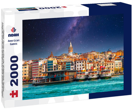 Noah Jigsaw Puzzle Galata Tower in the city of Istanbul, Turkey. View of the city of Istanbul in Turkey with Bosphorus, seagulls and boats at bright sky and sunset or night 2000 Pieces