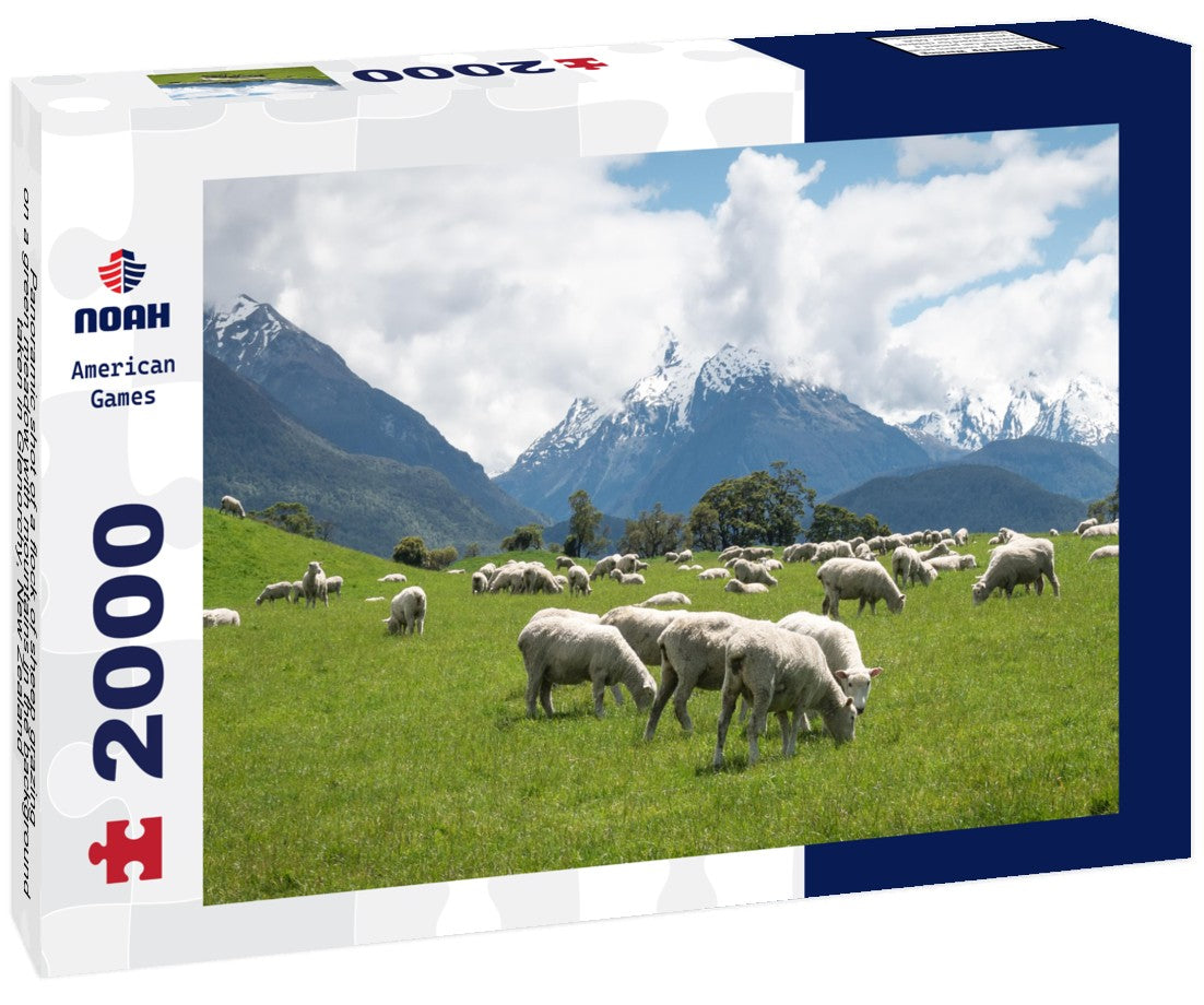 Noah Jigsaw Puzzle Panoramic shot of a flock of sheep grazing on a green meadow with mountains in the background, taken in Glenorchy, New Zealand 2000 Pieces