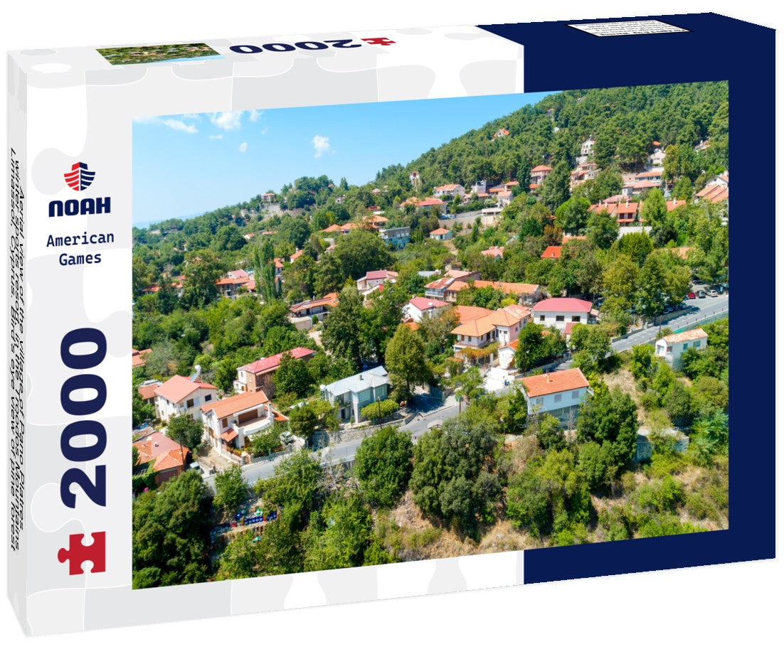 Noah Jigsaw Puzzle Aerial view of the village of Pano Platres, winter sports resort, in the Troodos Mountains, Limassol, Cyprus. Bird's eye view of pine forest, red brick houses, hotels, Panagias Faneromenis church from above 2000 Pieces