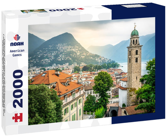 Noah Jigsaw Puzzle Cityscape of Lugano with bell tower of St. Lawrence Cathedral and view of the lake and dramatic light in Lugano, Switzerland 2000 Pieces