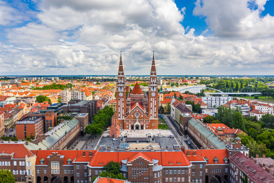 Szeged, Hungary - from the air of the Votive Church and the Cathedral of Our Lady of Hungary (Szeged Cathedral) on a sunny summer day with the city center bridge (Belvarosi hid) and blue sky and clouds 2000pc Puzzle