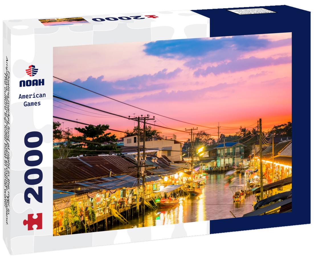 Noah Jigsaw Puzzle Floating market food at night in the river in Amphawa, Samut Songkhram province, Thailand. The culture trip local boat in canal water 2000 Pieces