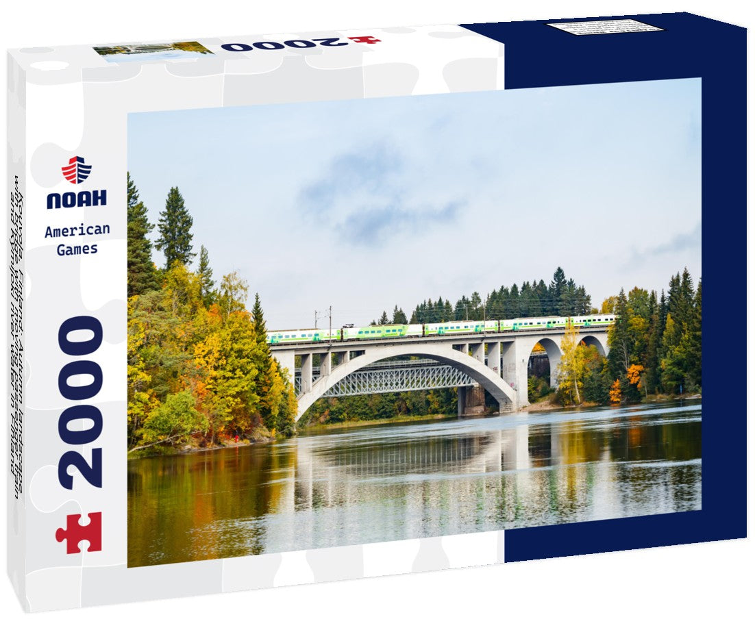 Noah Jigsaw Puzzle Kouvola, Finland: Autumn landscape with bridge with moving passenger train and Kymijoki river water in Finland, Kymenlaakso, Kouvola, Koria 2000 Pieces