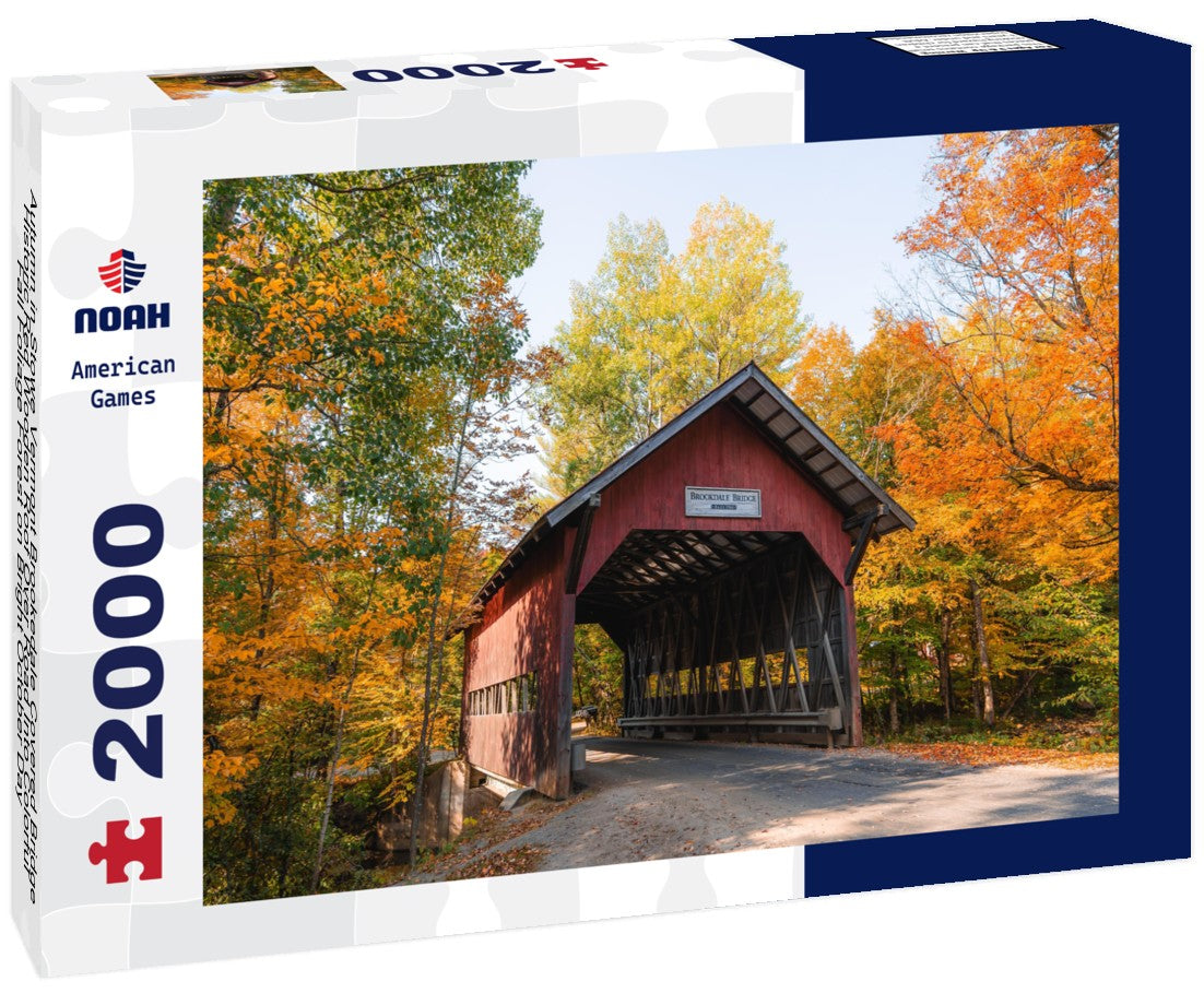 Noah Jigsaw Puzzle Autumn in Stowe Vermont Brookedale Covered Bridge Historic Red Wooden Roof Over Road Into Colorful Fall Foliage Forest on Bright October Day 2000 pieces