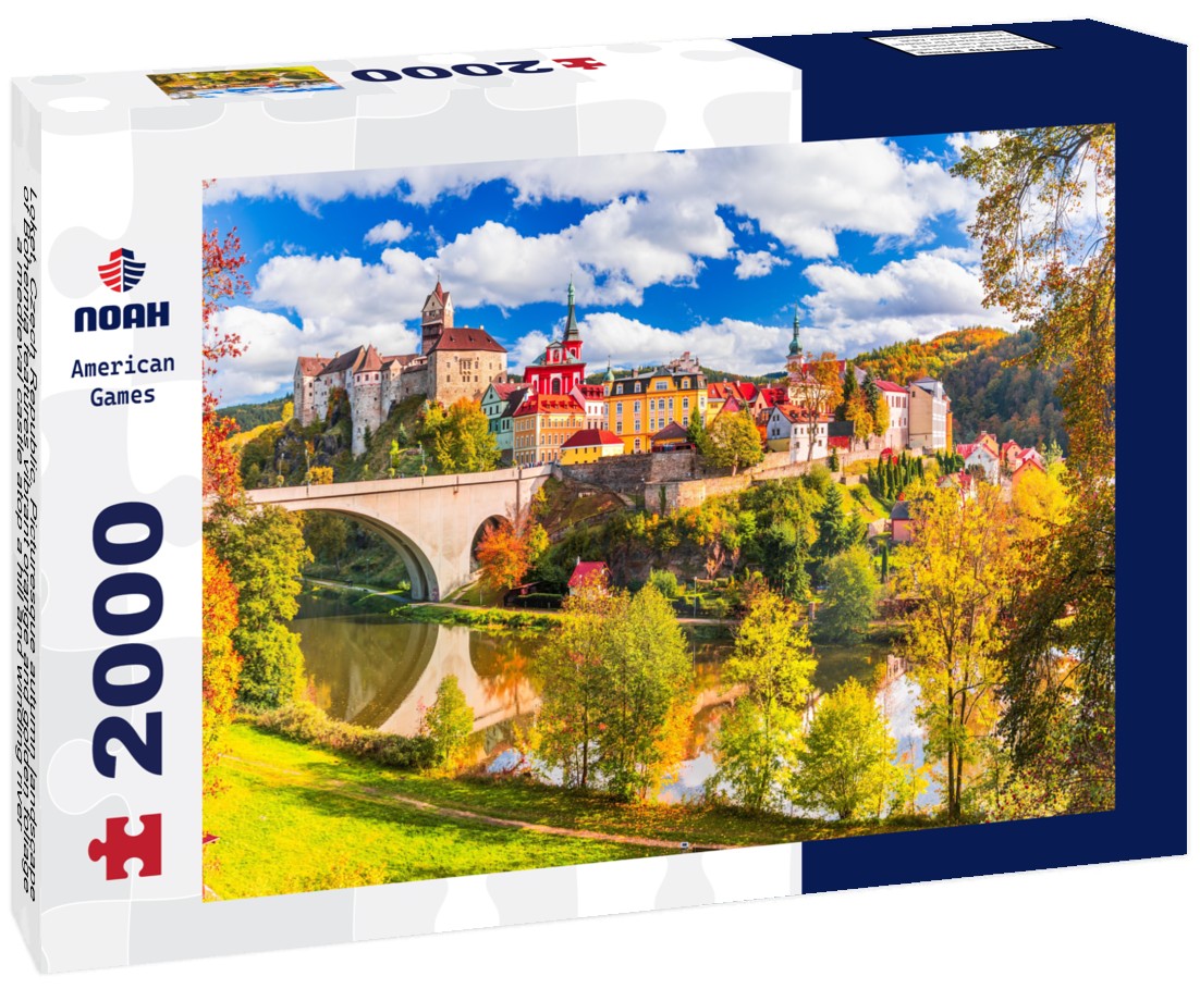 Noah Jigsaw Puzzle Loket, Czech Republic. Picturesque autumn landscape of Bohemia features vibrant orange and golden foliage, a medieval castle atop a hill and winding river 2000 pieces