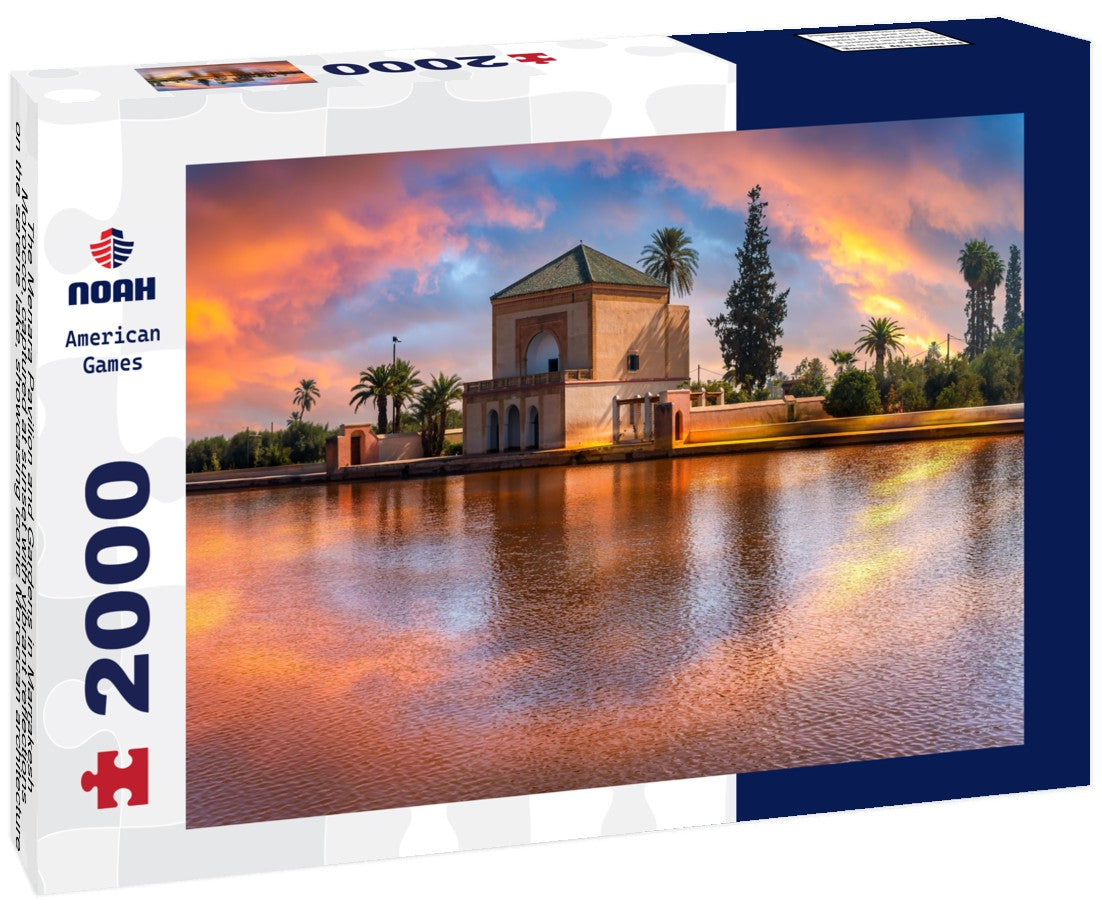 Noah Jigsaw Puzzle The Menara Pavilion and Gardens in Marrakesh, Morocco, captured at sunset with vibrant reflections on the serene lake, showcasing iconic Moroccan architecture 2000 pieces