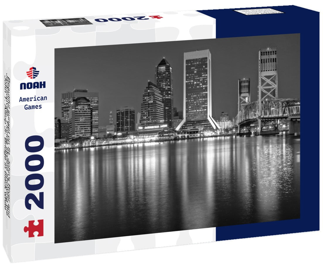 Noah Jigsaw Puzzle Beautiful sunset on St. John's River and Jacksonville, Florida skyline showing the John T. Alsop Jr. Bridge in black white 2000 pieces