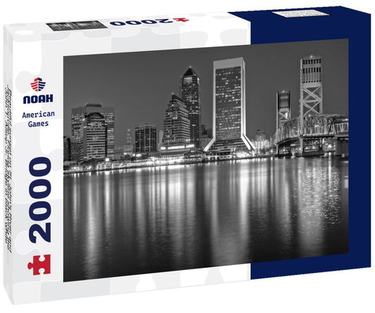 Noah Jigsaw Puzzle Beautiful sunset on St. John's River and Jacksonville, Florida skyline showing the John T. Alsop Jr. Bridge in black white 2000 pieces