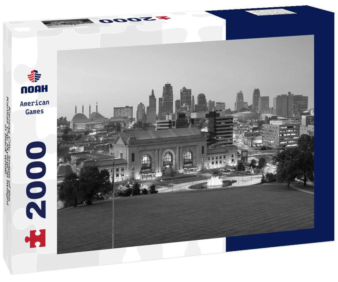 Noah Jigsaw Puzzle Kansas City. Image of the Kansas City skyline at twilight in black white 2000 pieces
