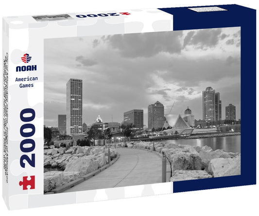 Noah Jigsaw Puzzle City of Milwaukee skyline. Image of Milwaukee skyline at twilight with city reflection in lake Michigan and harbor pier in black white 2000 pieces