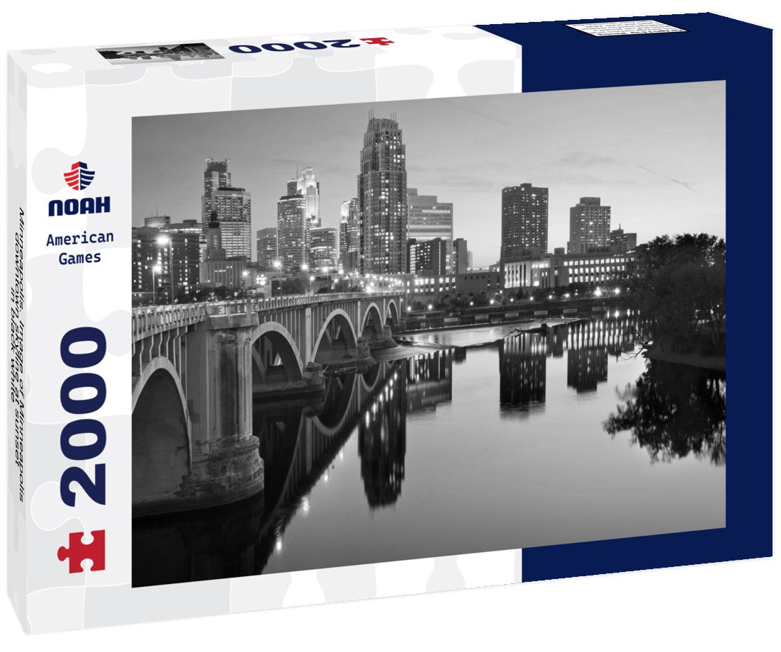 Noah Jigsaw Puzzle Minneapolis. Image of Minneapolis downtown skyline at sunset in black white 2000 pieces
