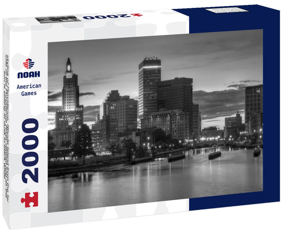 Noah Jigsaw Puzzle skyline of Providence, Rhode Island from the far side of the Providence River viewed just as the sun is setting at dusk in black white 2000 pieces