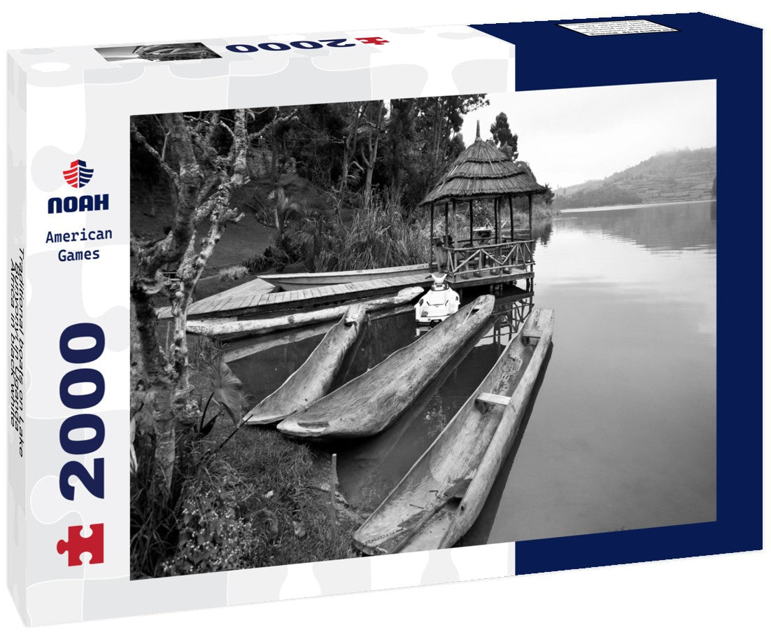 Noah Jigsaw Puzzle Traditional boats on Lake Bunyonyi in Uganda, Africa in black white 2000 pieces