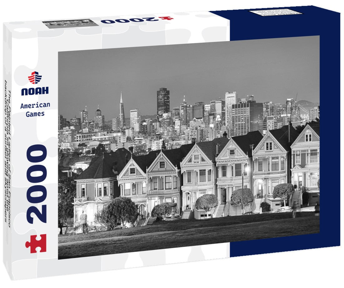 Noah Jigsaw Puzzle The Painted Ladies of San Francisco, California sit glowing amid the backdrop of a sunset and skyscrapers in black white 2000 pieces