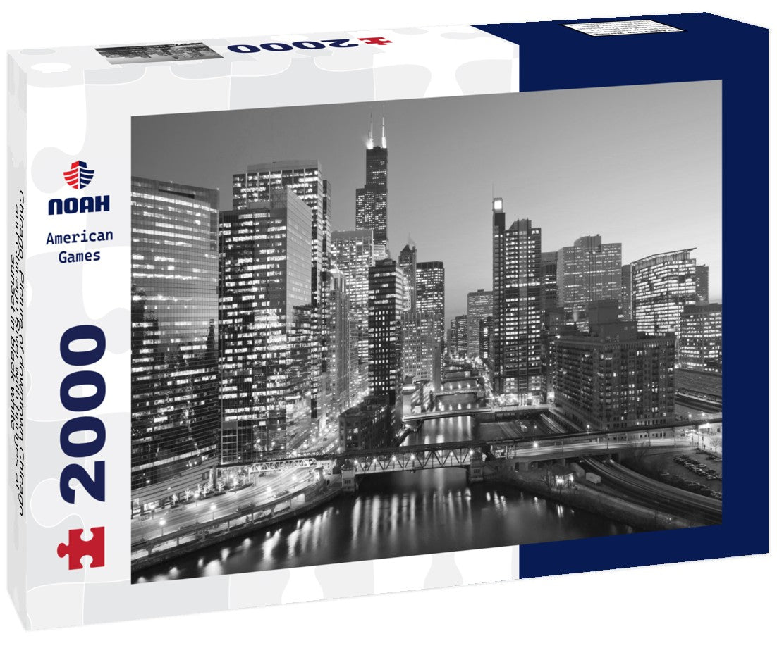 Noah Jigsaw Puzzle Chicago. Picture of downtown Chicago and Chicago River with bridges at sunset in black white 2000 pieces