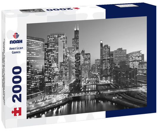 Noah Jigsaw Puzzle Chicago. Picture of downtown Chicago and Chicago River with bridges at sunset in black white 2000 pieces