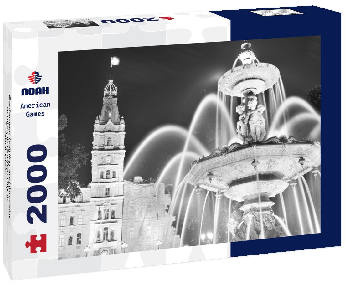 Noah Jigsaw Puzzle Parliament building and fountains at night in Quebec City in black white 2000 pieces