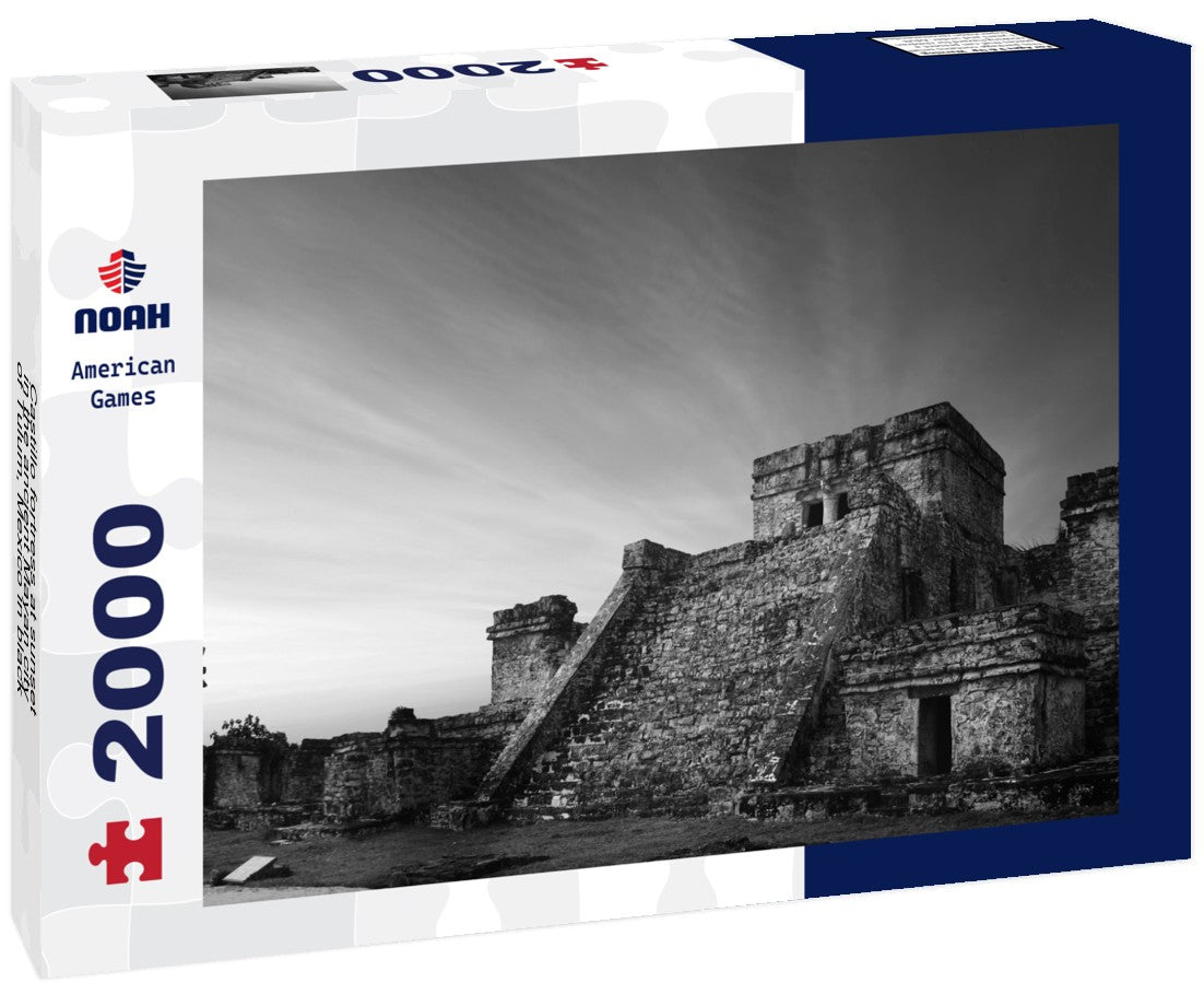 Noah Jigsaw Puzzle Castillo fortress at sunset in the ancient Mayan city of Tulum, Mexico in black white 2000 pieces