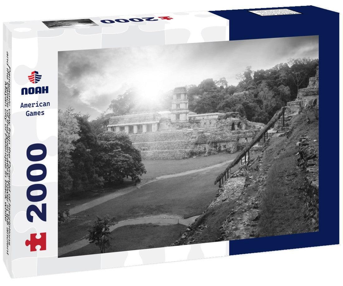 Noah Jigsaw Puzzle Panoramic view from the Pyramid of Inscriptions and the Palace of theObservatory Tower in the ancient Mayan city of Palenque in black white 2000 pieces