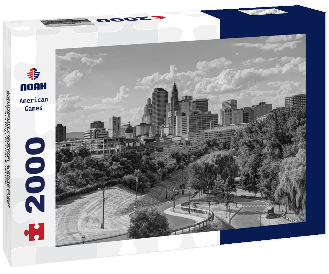 Noah Jigsaw Puzzle Downtown Hartford, Connecticut skyline from above Charter Oak Landing in black white 2000 pieces