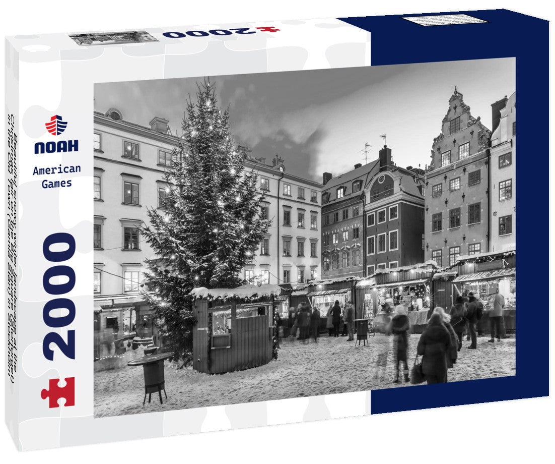 Noah Jigsaw Puzzle Beautiful snowy winter landscape at the Christmas fair on the Big Square (Stortorget) in the Old Town (Gamla Stan) in Stockholm, Sweden in black white 2000 pieces