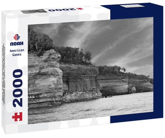 Noah Jigsaw Puzzle Picturesque rocks cliffs national lakeshore near Munising Michigan, Upper Peninsula in black white 2000 pieces