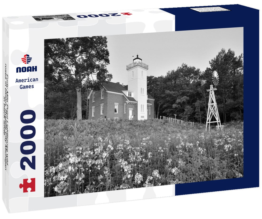 Noah Jigsaw Puzzle Forty Mile Point Lighthouse wild roses in bloom, Rogers City Michigan in black white 2000 pieces