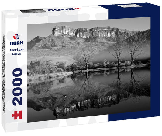 Noah Jigsaw Puzzle Sandstone mountain range with symmetrical reflection in the water, Royal Natal National Park, South Africa in black white 2000 pieces