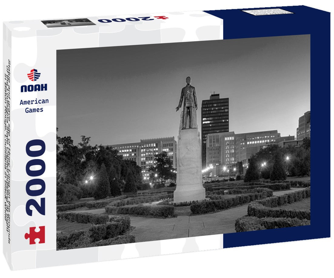 Noah Jigsaw Puzzle Statue and grave site of Huey Long on the grounds of the Louisiana State Capitol building at night in Baton Rouge, Louisiana in black white 2000 pieces