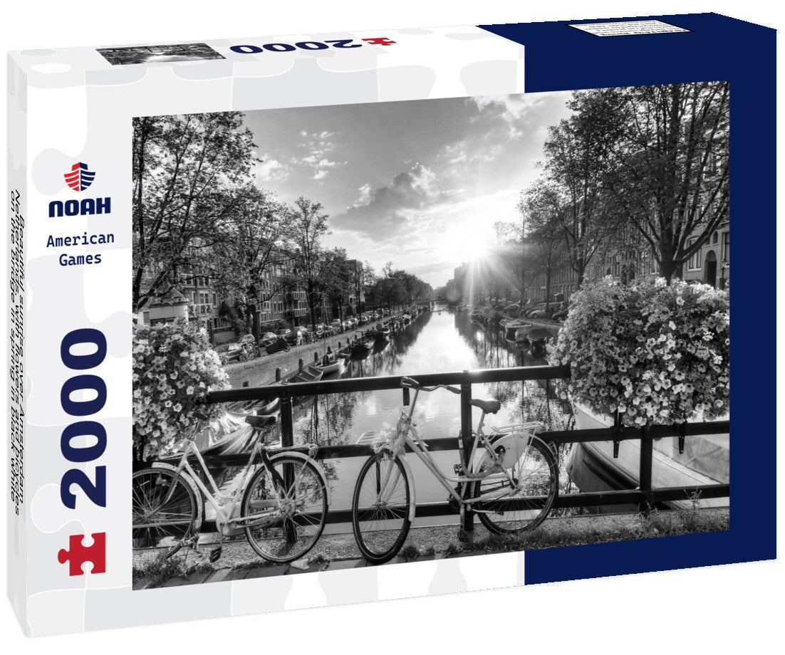 Noah Jigsaw Puzzle Beautiful sunrise over Amsterdam, Netherlands, with flowers and bicycles on the bridge in spring in black white 2000 pieces