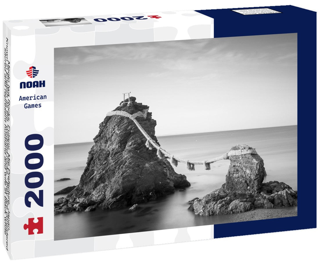 Noah Jigsaw Puzzle Meoto Iwa Rocks, Futami, Mie Prefecture, Japan. Known in English as the “wedded rocks,” they are considered sacred and represent husband and wife in black white 2000 pieces